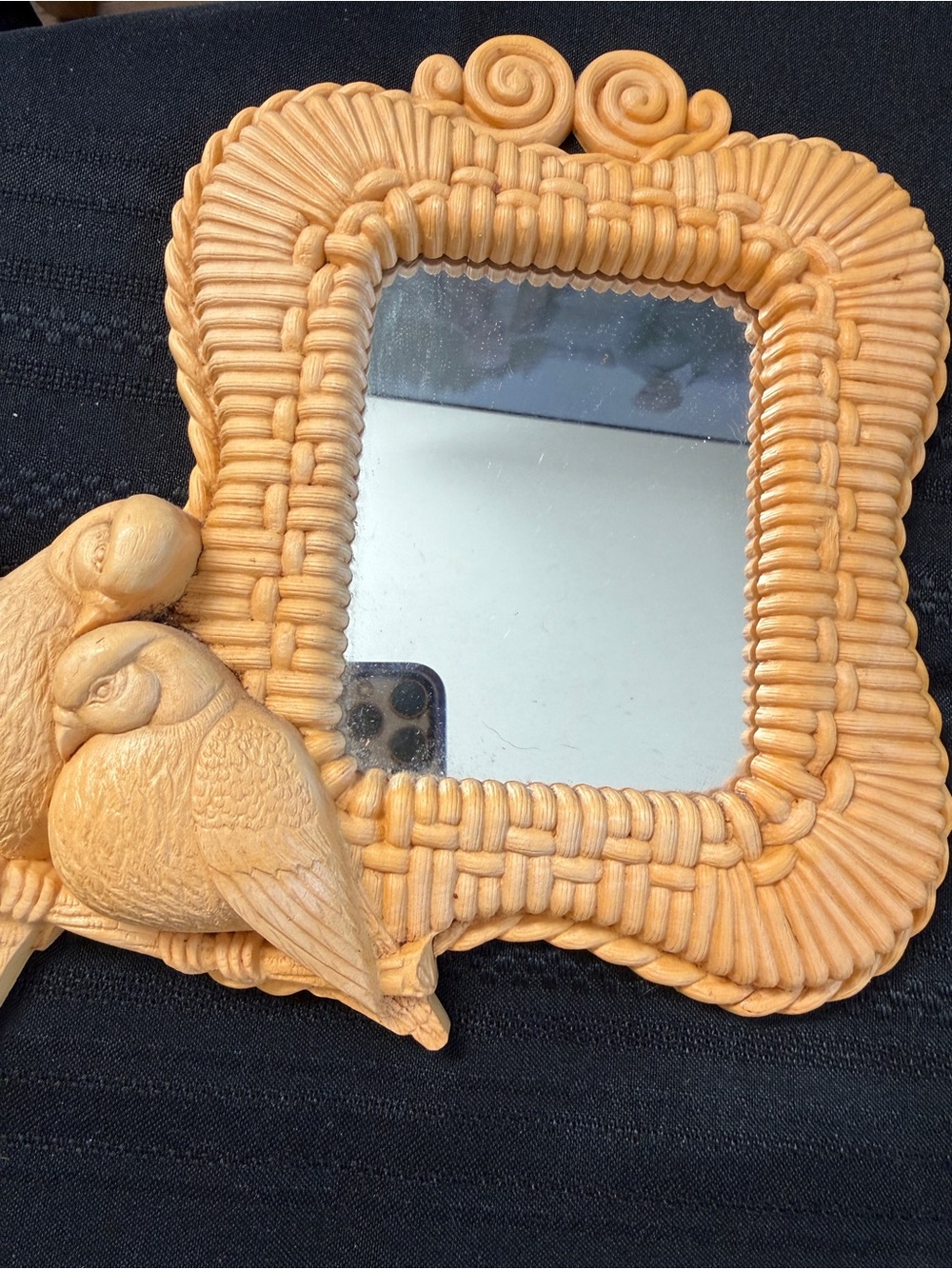 Vintage Homco Faux Wicket Lovebirds small accent wall mirror cream cottagecore